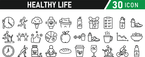 Set of healthy life icons, fitness, gym, workout, food