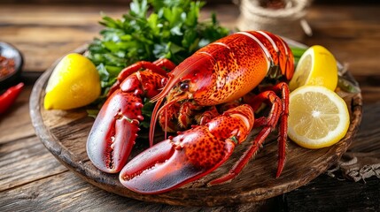 Red Lobster on Wood Plate with Lemon and Parsley, Seafood , Gourmet