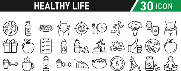Set of healthy life icons, fitness, gym, workout, food