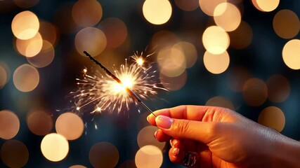 Hand holding a sparkler illuminating the night with bright sparks and soft bokeh lights in the background, Hand holding sparkler with sparks flying against dark, bokeh background