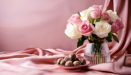 bouquet of roses and chocolate on pink background.