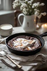 Chocolate cake in cast iron skillet on linen cloth