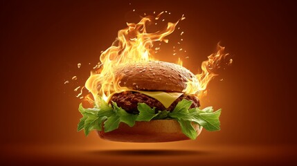 Spicy Fire Grilled Burger with Cheese and Fresh Vegetables