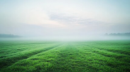 Fototapeta premium A lush green meadow disappearing into thick white fog, soft pastel hues blending into misty horizon, tranquil and serene with perfect atmospheric lighting