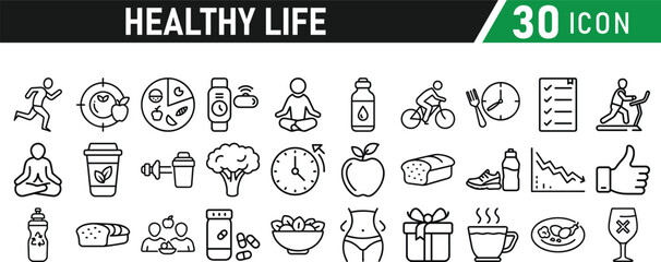 Set of healthy life icons, fitness, gym, workout, food