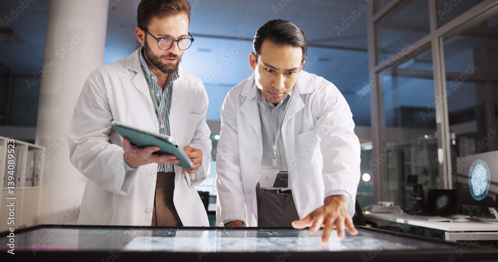 Poster scientist, men and meeting with screen for lab review, medical research or innovation. computer tabl