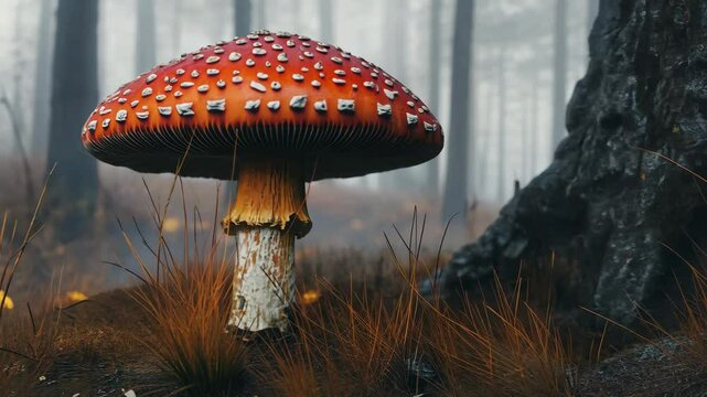 Mystical amanita muscaria mushrooms emerge in a foggy forest landscape during autumn, Amanita muscaria mushroom forest fog, ai generated