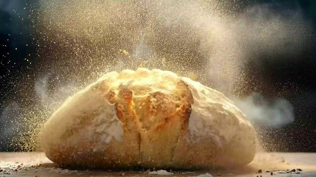 Freshly baked bread shows dramatic crust explosion with flour clouds in a rustic kitchen setting, Freshly baked bread with dramatic crust explosion, steam rising