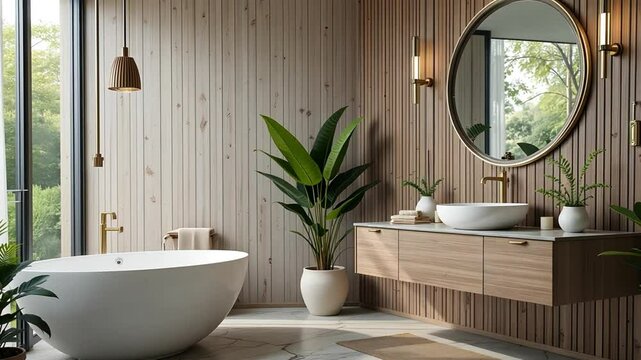 peaceful modern bathroom with clean interior design, white bathtub, and relaxing natural light setting showing contemporary home decor