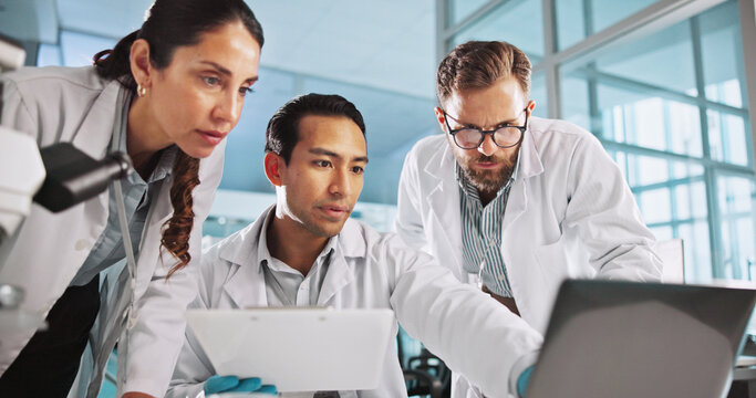 Teamwork, people or scientists on laptop for vaccine breakthrough, clinical trial or DNA discovery. Chemistry, medical test or science research in lab with results notes, bacteria or medicine cure