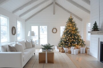 Christmas tree in bright living room with presents