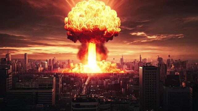 Nuclear explosion in a war-torn city landscape during the chaos of battle, a boom nuclear exploding on city landscape at war video in background