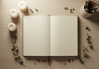 Blank notebook mockup with candles and eucalyptus for creative writing