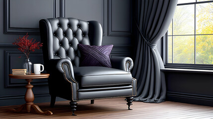 Dark leather wingback chair in elegant room
