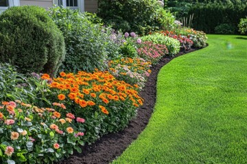 Colorful flower garden bordering a green lawn
