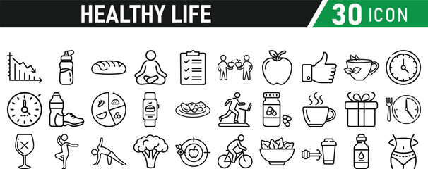 Set of healthy life icons, fitness, gym, workout, food