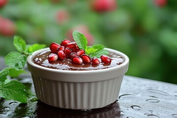 A delicious chocolate dessert topped with vibrant pomegranate seeds