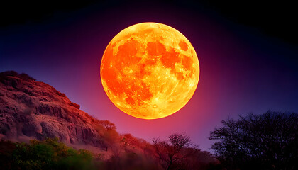 Fiery orange supermoon rising over a silhouetted landscape at night