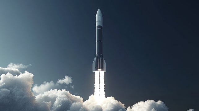 3D render of a rocket launch with a dark blue background