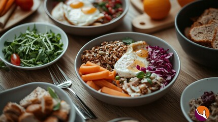 Colorful and Healthy Meal with Vegetables, Eggs, and Grains on a Wooden Table Setting