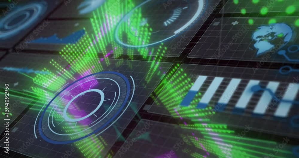 Poster displaying animation of futuristic data visualizations and graphs in vibrant colors