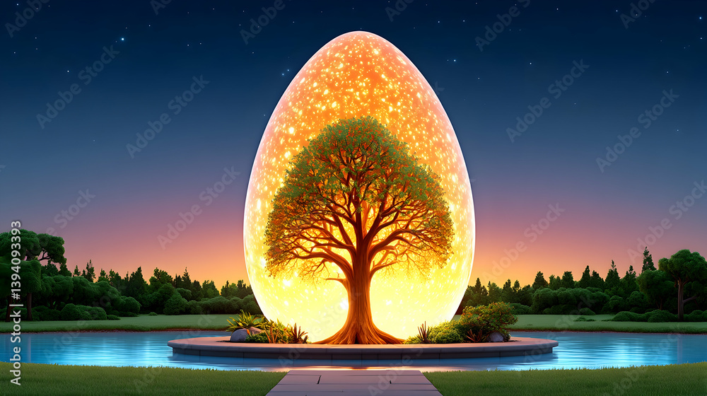 Canvas Prints glowing egg-shaped orb encasing a tree, nestled in a tranquil park at twilight