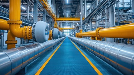 Modern Industrial Facility with Yellow Pipes and Metal Structures in a Factory Environment