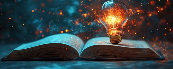 Glowing bulb on open book, knowledge concept