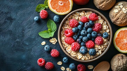Fresh Berries and Oats in a Rustic Bowl Surrounded by Fruits on a Dark Background