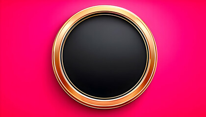 Gold circular frame with black center against vibrant pink background