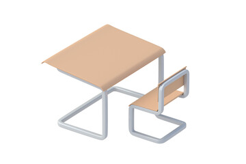 Single school desk and chair isolated on white background. 3d render