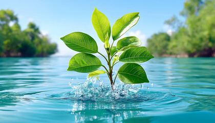 Lush green sprout emerging from tranquil blue water, surrounded by lush greenery