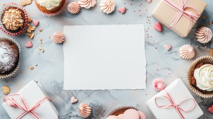 Mother's day celebration mockup with cupcakes and gift boxes for bakery and coffee shop design
