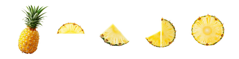 Fresh Pineapple Slices and Whole Fruit Isolated on White Background