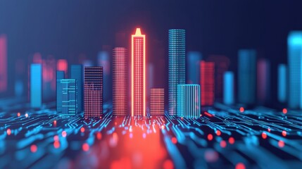 Global Economic Trends concept. Glowing economic innovation hub in a futuristic city skyline