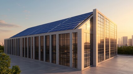 Fototapeta premium Modern Eco-Friendly Building with Solar Panels and Glass Facade During Sunset in an Urban Environment