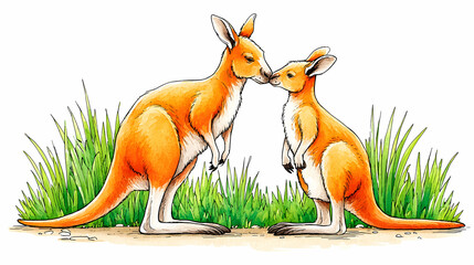 Red kangaroo mother and joey tenderly nuzzling