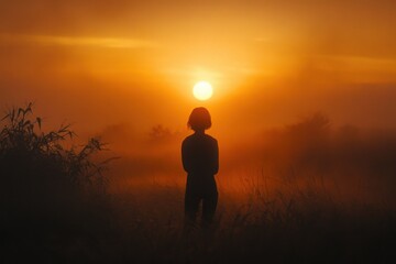 Obraz premium Silhouette of a person standing in a foggy field against a dramatic golden sunrise.