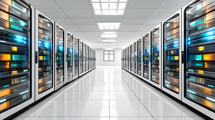 Rows of illuminated data servers in a modern data center