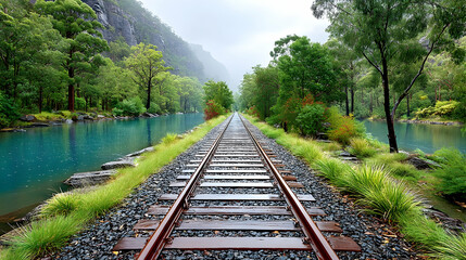 Obraz premium Scenic railway track beside tranquil river in lush green valley under a misty sky