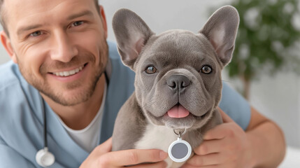 Smiling vet cradling an adorable French bulldog pup, evoking trust, affection, and professional care, ideal for websites, articles, or promotional visuals.
