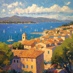 Obraz premium Breathtaking panoramic views with crystal blue waters, golden sunsets, and luxury yachts gliding through the horizon.