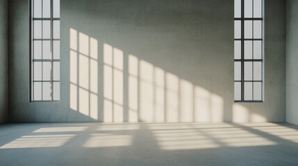 Obraz premium Bright and Spacious Empty Room with Tall Windows Casting Shadows on the Wall and Floor in Minimalist Style