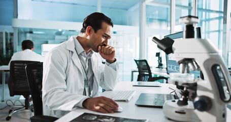 Laptop, mistake and science with man in laboratory for healthcare, medical or pharmaceutical...