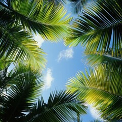 Fototapeta premium Looking up at palm trees against blue sky with clouds