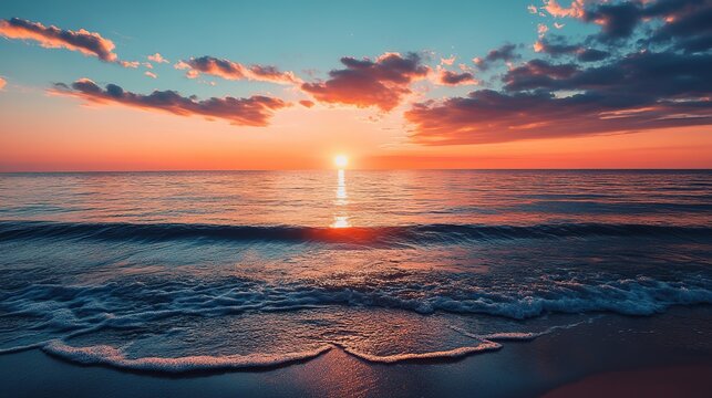 Ocean waves gently rolling onto the shore under a vibrant sunset sky with scattered clouds above