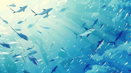 Obraz premium Celebrating World fish migration day with ocean fishes underwater scene. Horizontal banner. Copy space. World Wildlife Day