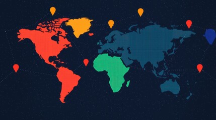 Fototapeta premium Abstract World Map with Colorful Location Markers and Connected Dots on Dark Background for Global Representation