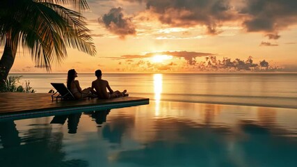 Tourists enjoying a stunning sunset by the tranquil ocean in a tropical paradise, A couple of tourists relax and enjoy the sunset by a tropical resort pool during a summer vacation
