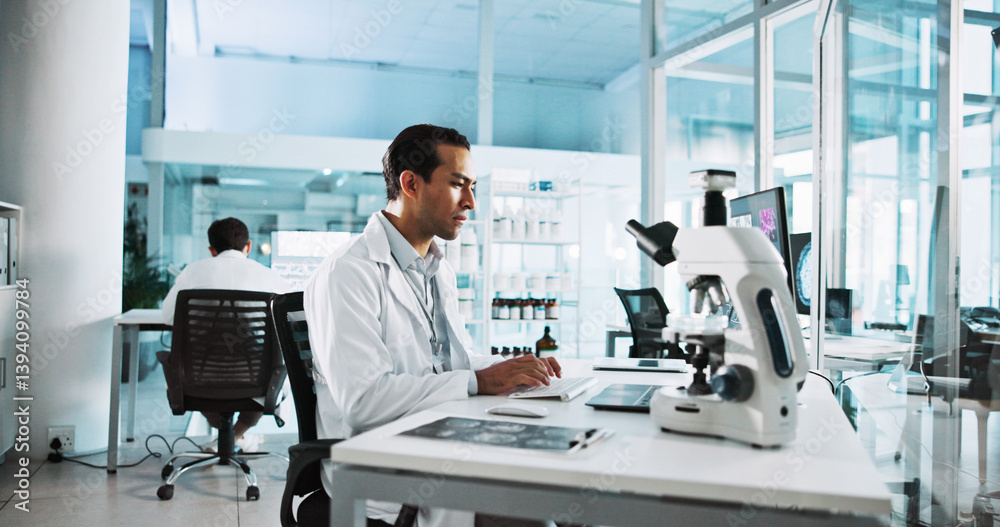 Poster innovation, laptop and science with man in laboratory for healthcare, medical or pharmaceutical rese